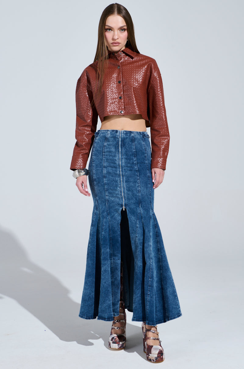 LUXURY GIRL WOVEN PU CROPPED BUTTON UP SHIRT