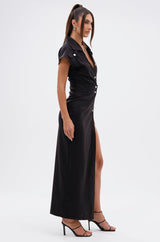 CHELSEA BUTTON SIDE COATED DENIM MAXI DRESS