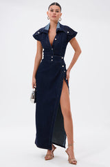 CHELSEA BUTTON SIDE DENIM MAXI DRESS