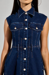WINONA CAP SLEEVE BUTTON DOWN DENIM MIDI DRESS IN DARK BLUE
