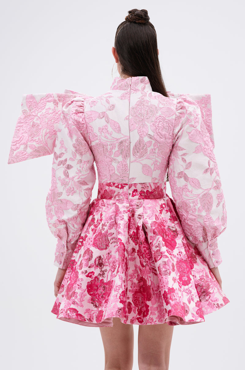 RENAISSANCE TWO-TONE BROCADE MINI DRESS IN PINK