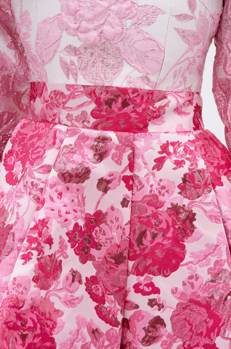 RENAISSANCE TWO-TONE BROCADE MINI DRESS IN PINK