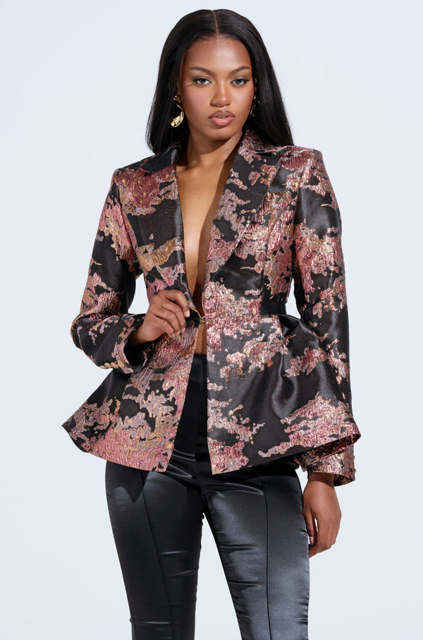 CANARY PEPLUM BLAZER IN BLACK MULTI