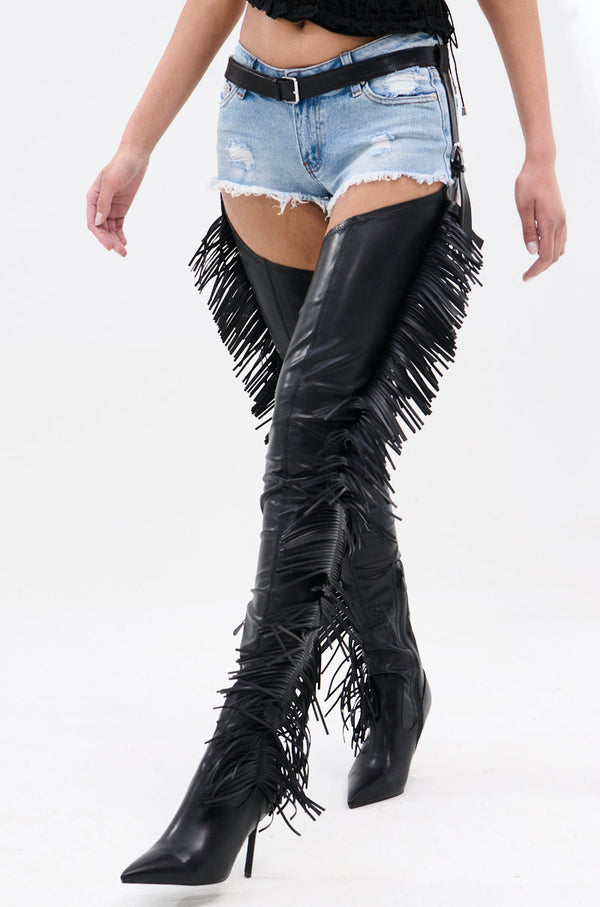 AZALEA WANG KARTICE BLACK STILETTO WESTERN CHAP BOOT