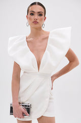 IRREPLACEABLE RUFFLE SLEEVE TULIP HEM MINI DRESS IN WHITE