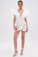 IRREPLACEABLE RUFFLE SLEEVE TULIP HEM MINI DRESS IN WHITE