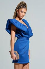 IRREPLACEABLE RUFFLE SLEEVE TULIP HEM MINI DRESS IN BLUE