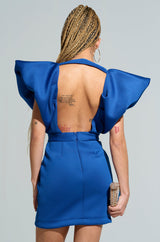 IRREPLACEABLE RUFFLE SLEEVE TULIP HEM MINI DRESS IN BLUE