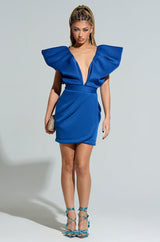 IRREPLACEABLE RUFFLE SLEEVE TULIP HEM MINI DRESS IN BLUE