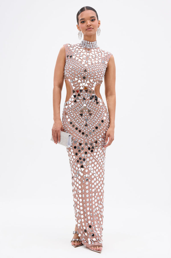 QUEEN OF EVERYTHING MIRRORED MAXI DRESS IN SILVER