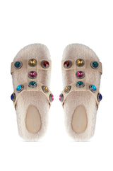 AZALEA WANG LUCIENA BEIGE RHINESTONE AND SHERPA SANDAL