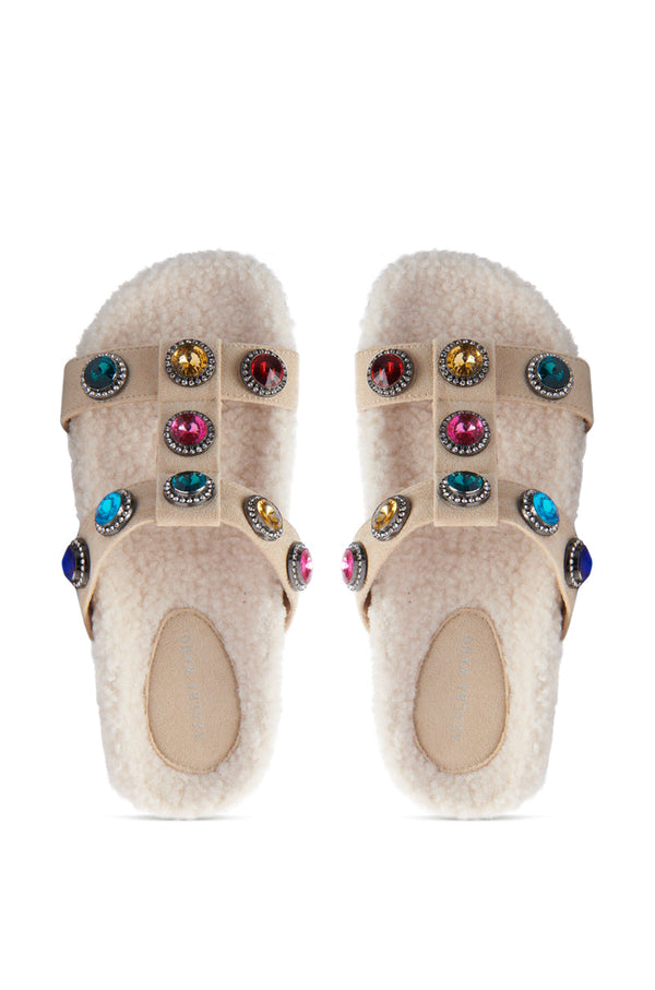 AZALEA WANG LUCIENA BEIGE RHINESTONE AND SHERPA SANDAL