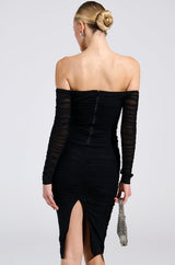 RENEE RUCHED OFF THE SHOULDER MIDI DRESS