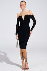RENEE RUCHED OFF THE SHOULDER MIDI DRESS