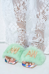 AZALEA WANG RAFAELA GREEN SLIP ON FURRY SANDAL