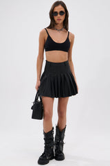 RIO PLEATED FAUX LEATHER MINI SKIRT WITH 4 WAY STRETCH