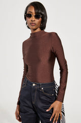 PAXTON DISCO LONG SLEEVE MOCK NECK BODYSUIT IN BROWN