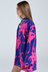 MUSHU GRAPHIC SWEATER DRESS IN BLUE AND PINK