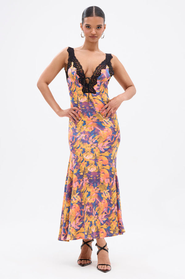 RYAN FLORAL PRINTED SATIN MIDI DRESS