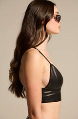 PAXTON SEXY FAUX LEATHER TRIANGLE LONGLINE BRALETTE