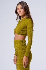 MAYBE NEXT TIME RUCHED LONG SLEEVE TOP IN OLIVE