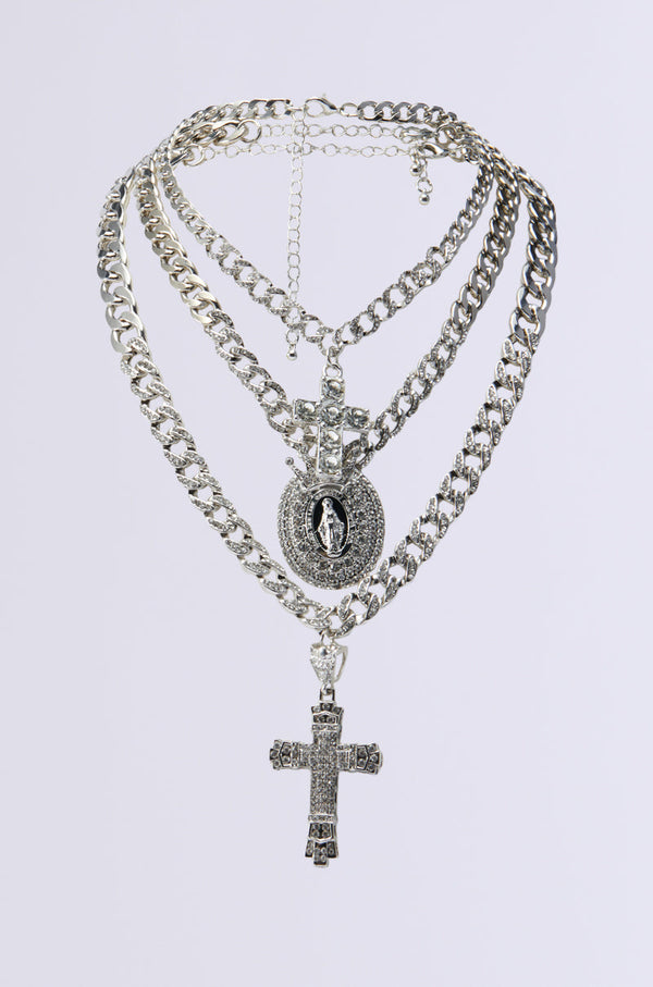 HOLY WOMAN LAYERED RHINESTONE NECKLACE SET IN SILVER