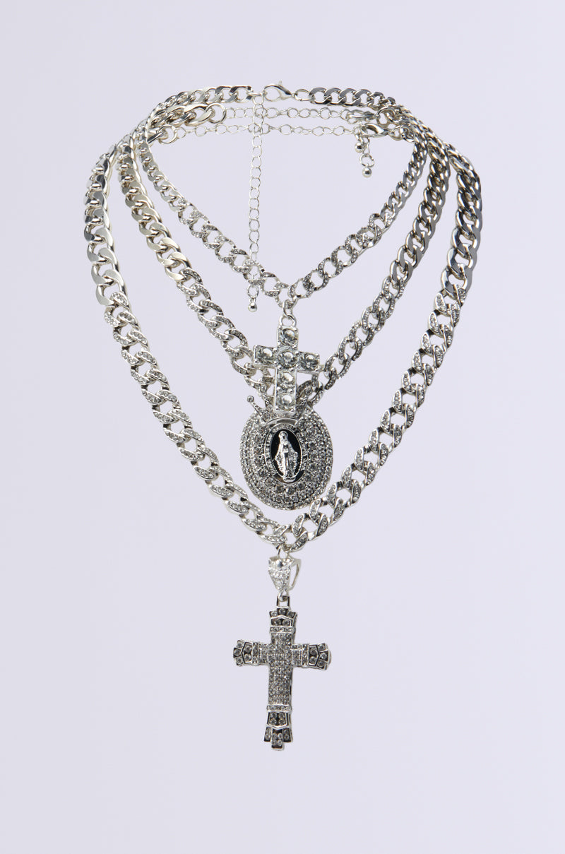 HOLY WOMAN LAYERED RHINESTONE NECKLACE SET IN SILVER