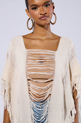 GOOD VIBES DISTRESSED PONCHO IN CREAM