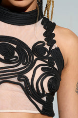 SATURN RINGS HIGH NECK MESH UNDERLAY BLOUSE IN BLACK