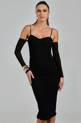 SHE MEANS BUSINESS TIE DETAIL MESH MIDI DRESS