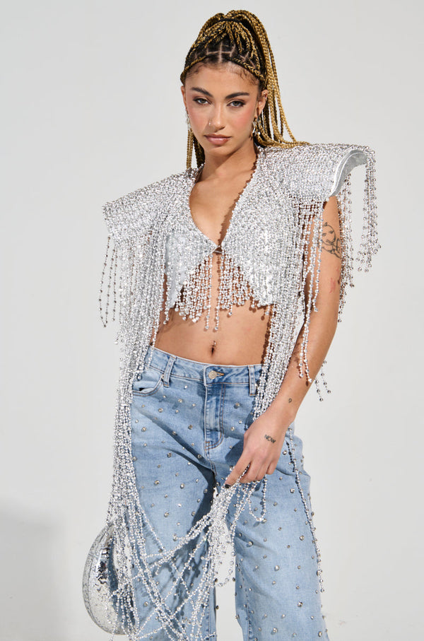 IN MY OWN LANE SILVER BEADED TOP