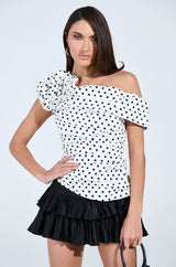 RUCHED POLKA DOT OFF THE SHOULDER TOP