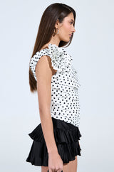 RUCHED POLKA DOT OFF THE SHOULDER TOP