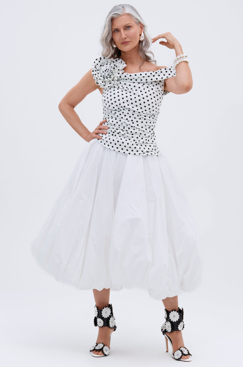 RUCHED POLKA DOT OFF THE SHOULDER TOP