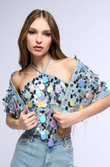 A GIRL NAMED LUCKY EMBELLISHED BUTTON DOWN DENIM CROP TOP