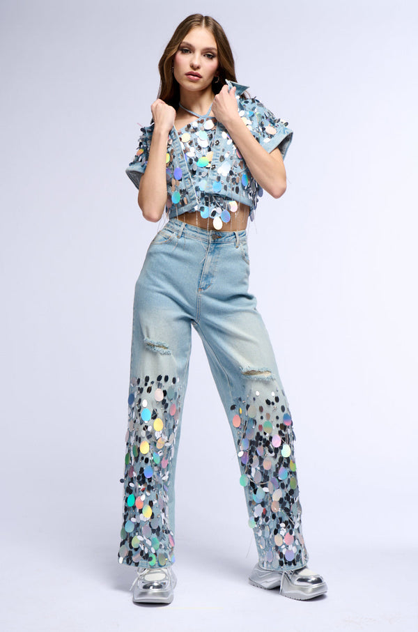 A GIRL NAMED LUCKY EMBELLISHED WIDE LEG RIPPED JEANS
