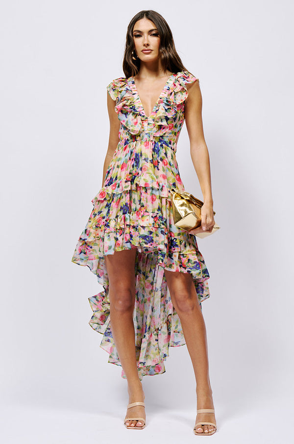 A WORK OF ART PRINTED HIGH LOW MINI DRESS