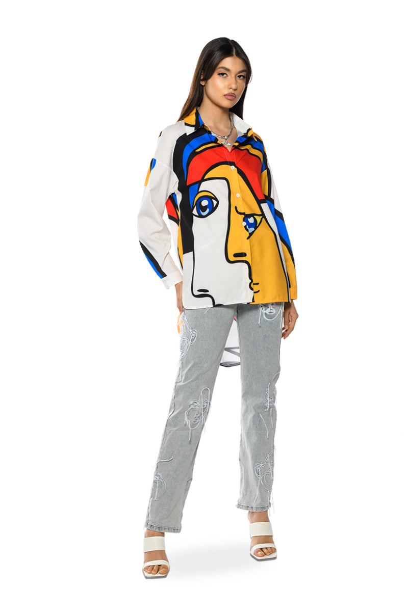 ABSTRACT ART MINI BUTTON UP DRESS