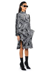 ABSTRACT PRINT BELTED LONG SLEEVE MINI DRESS