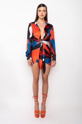 ABSTRACT SATIN SHIRT DRESS