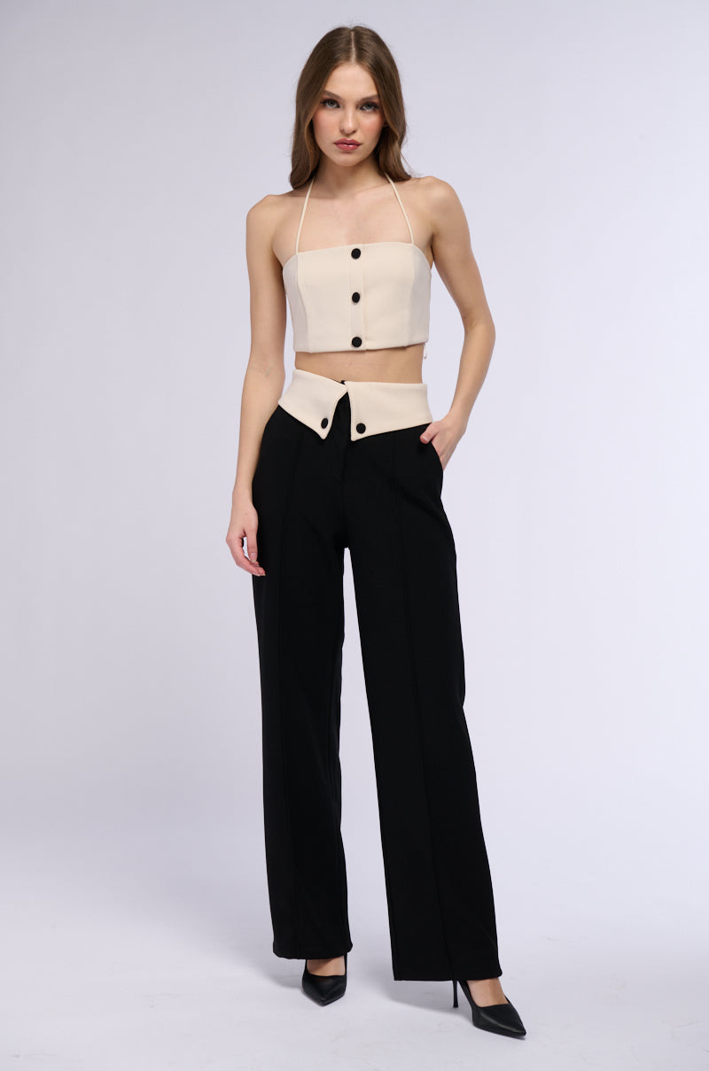 ADELE BUTTON DETAIL FOLDED WAIST WIDE LEG TROUSER