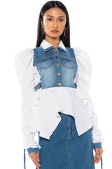 HER DENIM TOP WITH SATIN CONTRAST