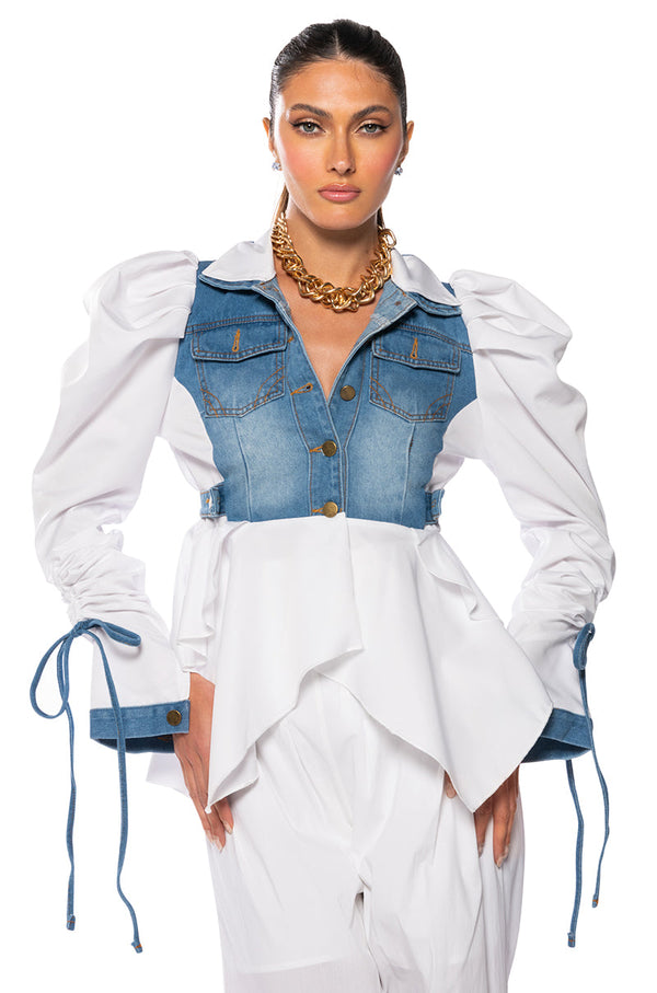HER DENIM TOP WITH SATIN CONTRAST