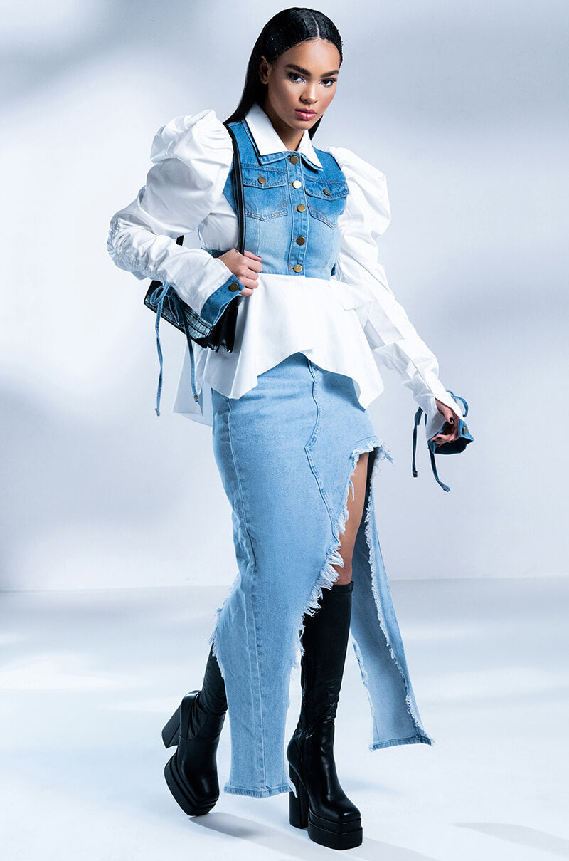 HER DENIM TOP WITH SATIN CONTRAST