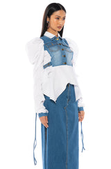HER DENIM TOP WITH SATIN CONTRAST