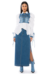 HER DENIM TOP WITH SATIN CONTRAST