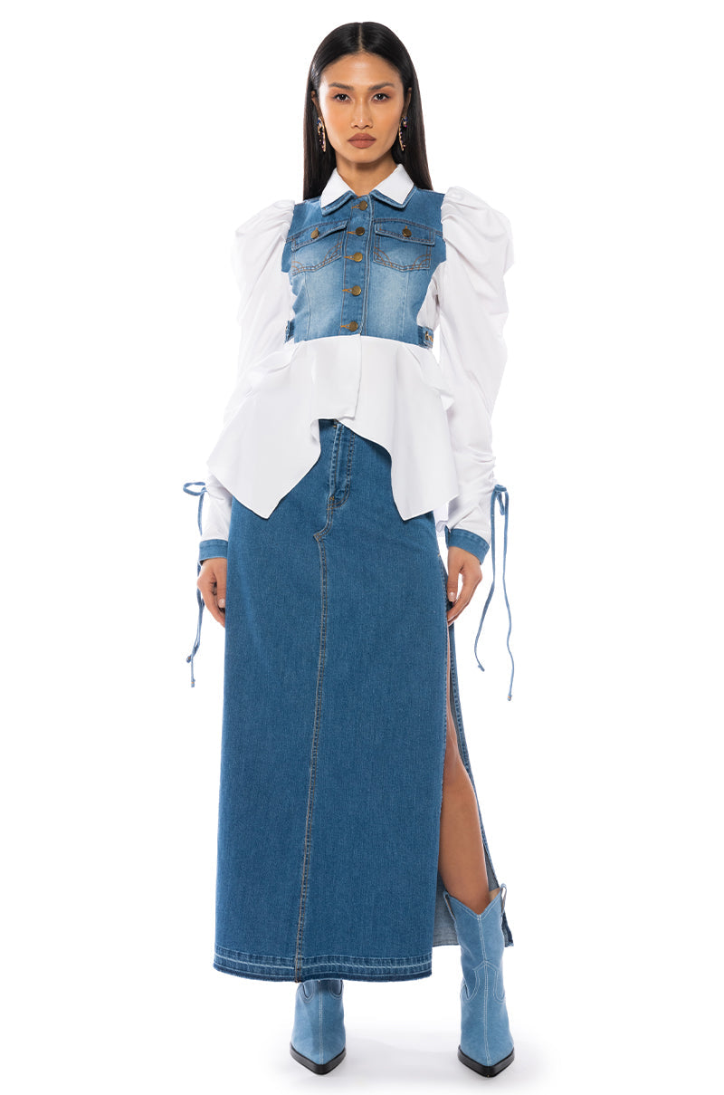 HER DENIM TOP WITH SATIN CONTRAST