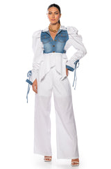 HER DENIM TOP WITH SATIN CONTRAST