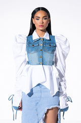 HER DENIM TOP WITH SATIN CONTRAST