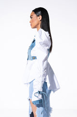 HER DENIM TOP WITH SATIN CONTRAST